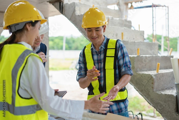 Fototapeta Construction engineers discussion with architects at construction site or building site.