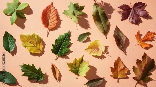 Fototapeta Assorted leaves in fall colors on a peach background, scattered pattern with subtle shadows.