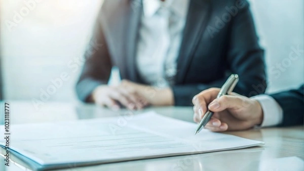 Obraz Close-up of an employment contract being signed with job market analysis reports beside it



