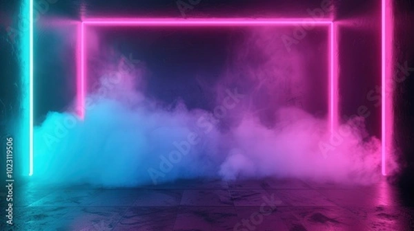 Obraz Neon Smoke Sanctuary, an empty dark room filled with swirling blue and pink smoke, illuminated by vibrant neon lights and an eerie ultraviolet glow, creating a surreal atmosphere.
