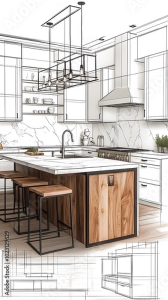 Obraz A modern kitchen with marble and wood accents, featuring an island with black metal legs and white cabinetry. The background is a pencil sketch of the same room