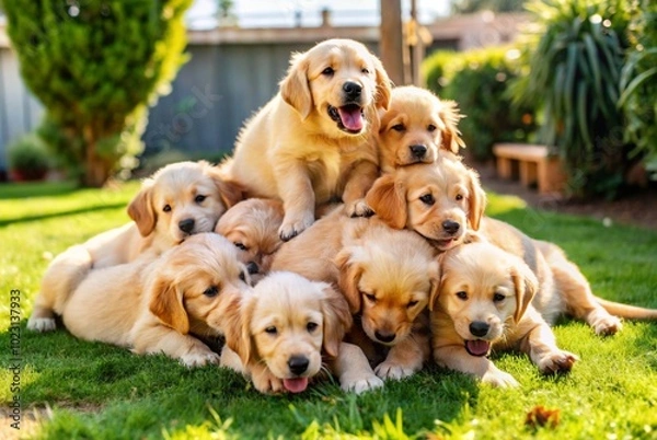 Fototapeta Photograph a group of golden retriever puppies tumbling over each other in a sunny backyard, showcasing their playful nature.
