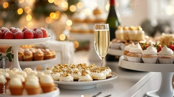 Fototapeta A festive dessert table is beautifully arranged with cupcakes, champagne, and sweets in a luxurious setting, ideal for celebrating special occasions in style.