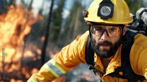 Obraz A focused firefighter, equipped with safety gear, challenges a rapidly spreading forest fire, highlighting the urgency and complexity of tackling natural disasters.