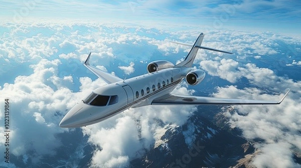 Fototapeta Private Jet Flying Above Clouds and Mountains