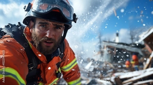 Fototapeta A vigilant firefighter in orange gear braces mid-action as debris splashes, capturing commitment and swiftness against the chaotic background of a disaster scene.