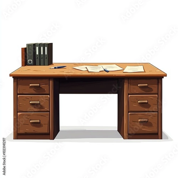 Fototapeta Wooden office desk with drawers, files, and documents on a white background.