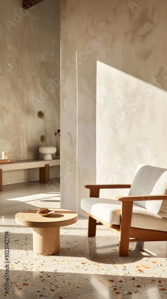Obraz A serene interior featuring minimalist design with wooden chair, round table, and textured walls. soft light creates warm and inviting atmosphere, perfect for relaxation