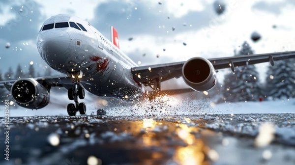 Fototapeta A jet aircraft lands dynamically on a snow-covered runway, with bright sparks and snowflakes scattering around, set against a vibrant backdrop and a modern landscape.