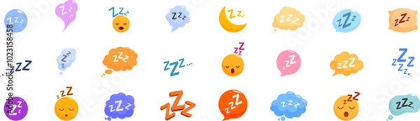 Fototapeta Zzz sleep snore icons set. Various designs of emojis and speech bubbles showing zzz text representing sleep