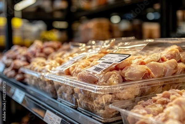 Obraz Packaged chicken in a grocery store display.