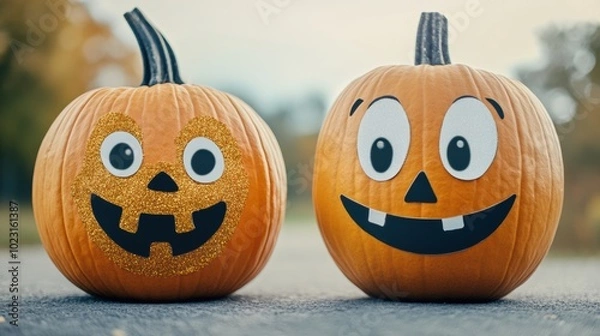 Fototapeta Two pumpkins with playful faces bring Halloween cheer to a fall setting, AI