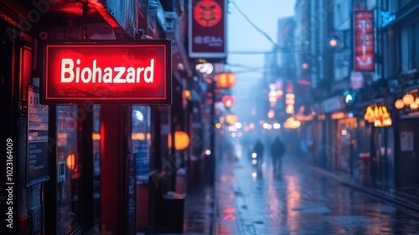 Obraz A foggy nighttime urban street scene with vibrant lights showcases a prominent red Biohazard sign, creating a dramatic and mysterious atmosphere