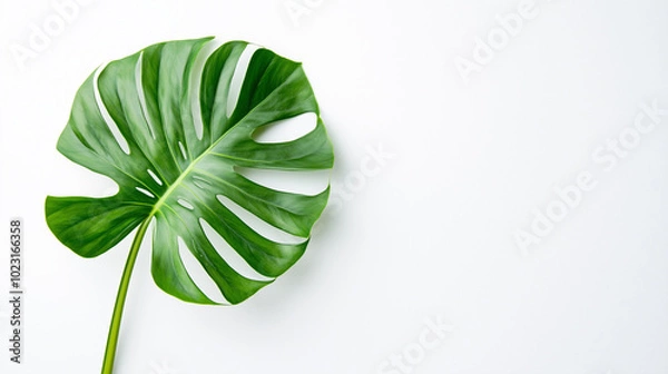 Fototapeta Minimalist Monstera or Monstera Peru and Swiss cheese plant,  green leaves frame on white background with copy space, Eco-friendly design background with Text space.