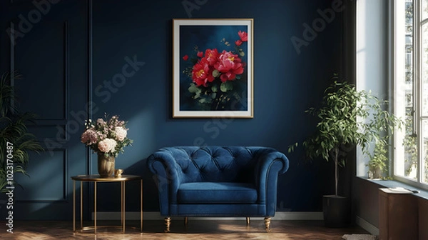 Fototapeta Cozy living room with floral art and elegant furnishings.