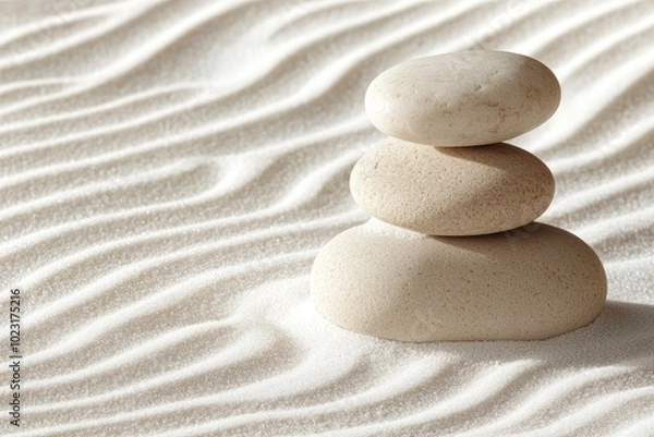Fototapeta Zen garden with the stones and white sand pattern minimal scene Stack of Balanced Pebbles, zen pebbles, relax, massage, meditation, studio photography - generative ai