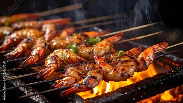 Fototapeta Grilled shrimp skewers on open flame, dark background, perfect for barbecue advertisement