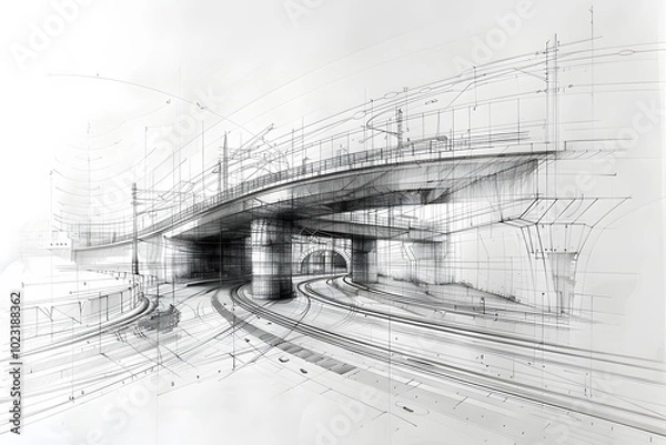 Fototapeta Intricate Architectural Sketch of a Modern Overpass and Railway System