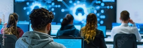 Fototapeta Ethical hacking course with students learning to identify and mitigate security vulnerabilities through practical exercises with copy space