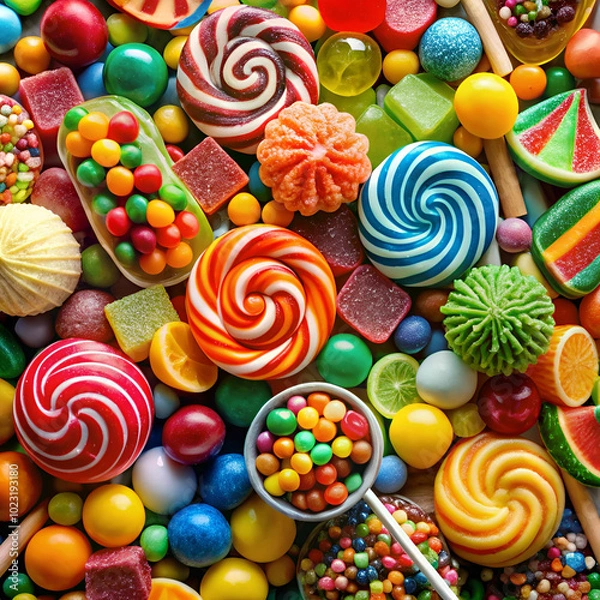 Fototapeta The candies come in various shapes, colors, and textures, including gummy bears, lollipops, chocolates, and hard candies. The bright and vivid colors create a cheerful, celebratory atmosphere, with a 