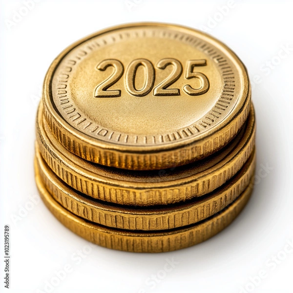 Obraz A stack of gold coins with the number 2025 on them. The coins are piled on top of each other