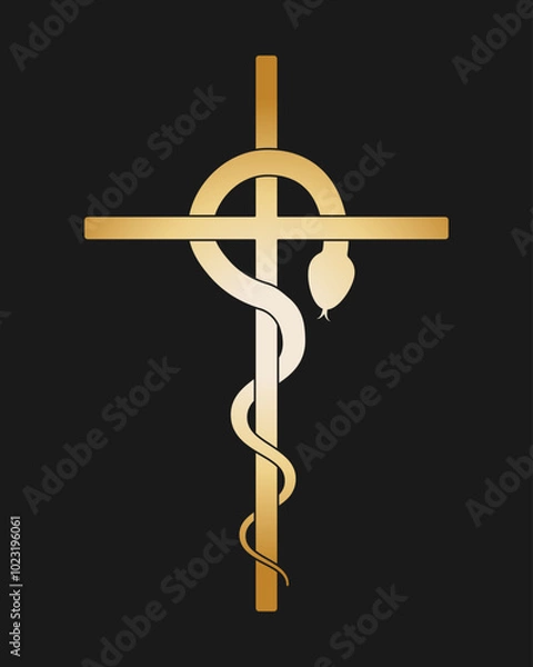 Fototapeta Nehushtan symbol. Bronze snake or serpent around cross. Christianity and judaism sign. Vector illustration image.