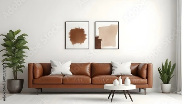 Fototapeta A modern living room with a large brown leather sofa, white throw pillows, and two Blank Canvas on the wall.