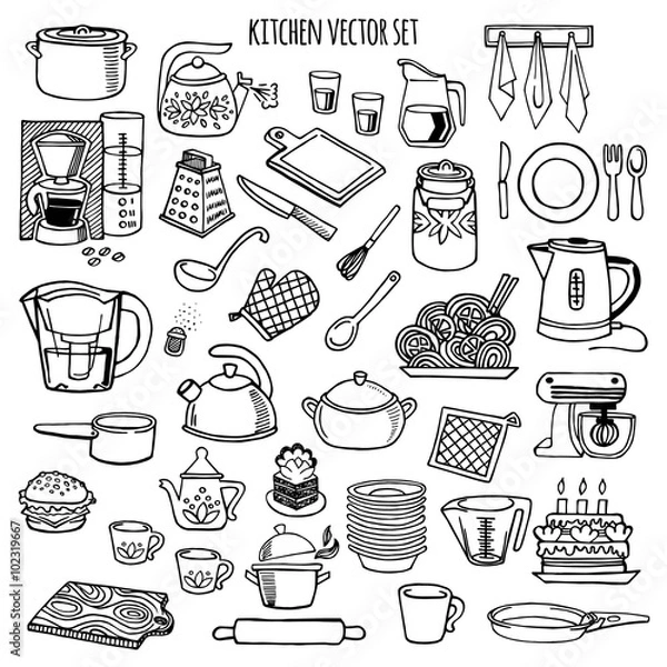 Fototapeta Kitchen utensils and appliance vector icons set.