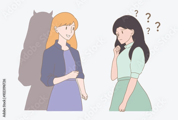 Obraz Businesswoman with bad thoughts , devil horns shadow behind talking with doubt woman. Deal with the devil. Hand drawn flat cartoon character vector illustration.