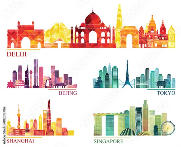 Obraz Skyline detailed silhouette set (Delhi, Beijing, Tokyo, shanghai, Singapore). Vector illustration