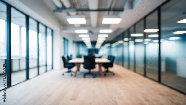 Obraz Blurred image of modern office interior with bokeh lights.