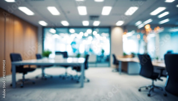 Obraz Blurred image of modern office interior with bokeh lights.