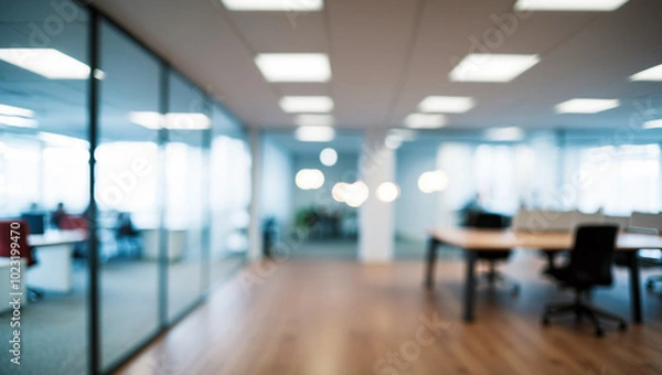 Obraz Blurred image of modern office interior with bokeh lights.