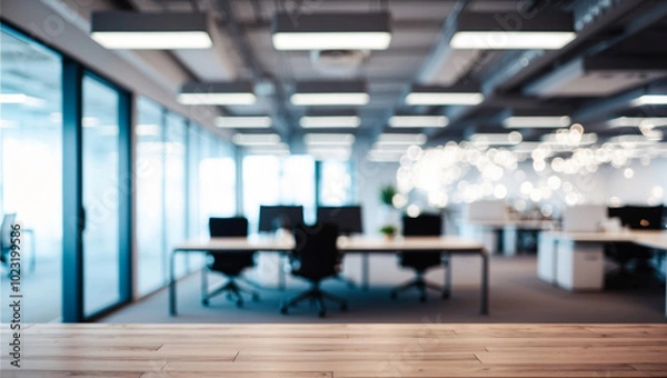 Obraz Blurred image of modern office interior with bokeh lights.