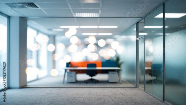 Obraz Blurred image of modern office interior with bokeh lights.