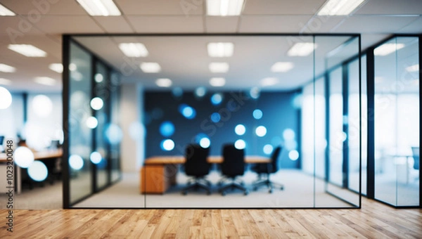 Obraz Blurred image of modern office interior with bokeh lights.