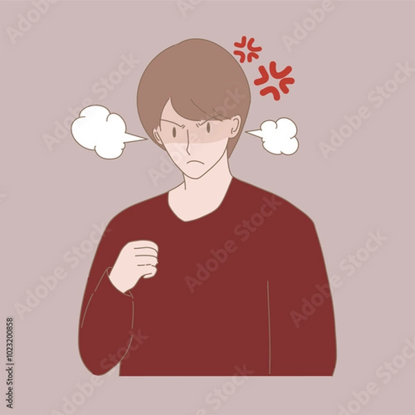 Obraz Angry man with furious face expression, smoke blowing from ears, angry marks behind.  Hand drawn flat cartoon character vector illustration.