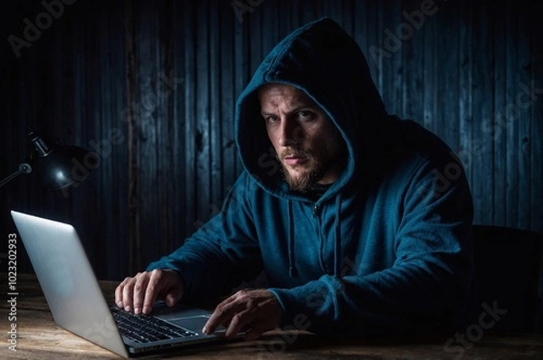 Fototapeta Hacker in the dark near a laptop, looking at the monitor. Internet maniac, criminal steals personal data