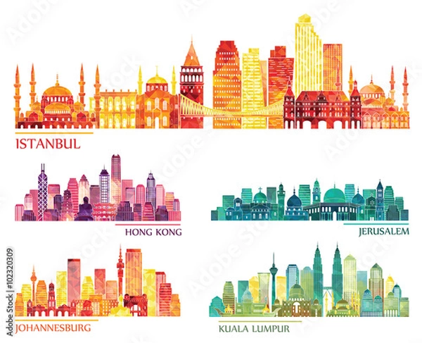 Obraz skyline detailed silhouette set (Istanbul, Hong Kong, Kuala Lumpur, Jerusalem, Johannesburg). Vector illustration