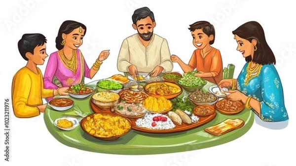 Fototapeta Family Gathering Around a Large Thali