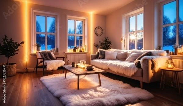 Fototapeta A cozy Scandinavian living room with a white sofa, a sheepskin rug and neon light streaming through large windows