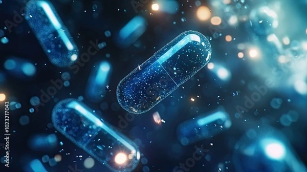 Fototapeta Close-up of floating blue capsules with tiny sparkling particles, suggesting innovation and advanced pharmaceutical technology.