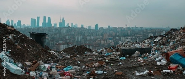 Fototapeta Urban sprawl meets extensive garbage piles under a gray sky, echoing the relentless impact of human consumption on the environment.