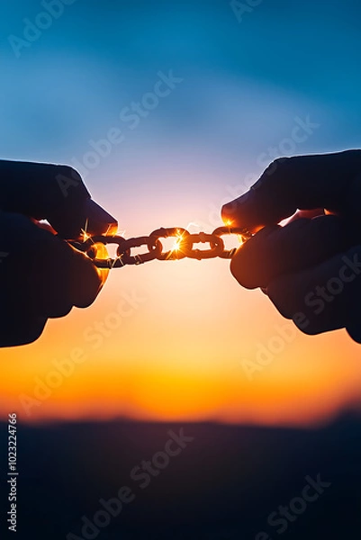 Fototapeta Breaking the chains, broken chain in hands. concept mental health stigma