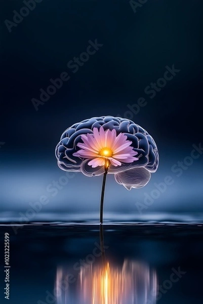 Obraz glowing brain with blooming flower inside. mental health well-being concept