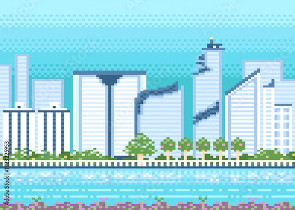 Obraz Modern buildings in the city on blue sky background with lake in pixel game style.