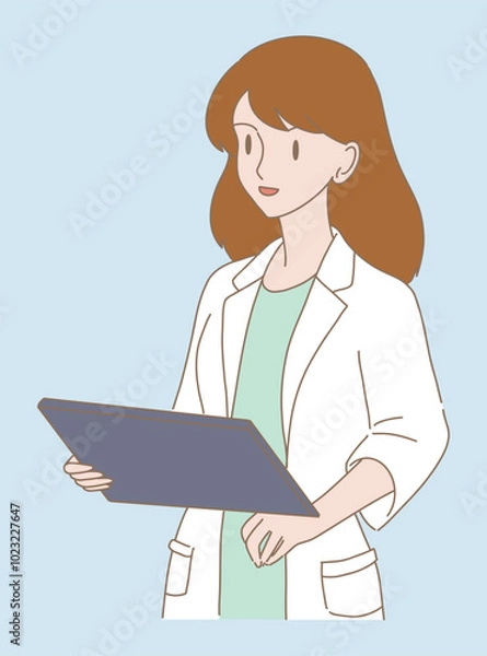 Obraz Scientific holding clipboard. Doctor holding computer tablet, digital medical document, examination notes, test results in hand.  Hand drawn flat cartoon character vector illustration.