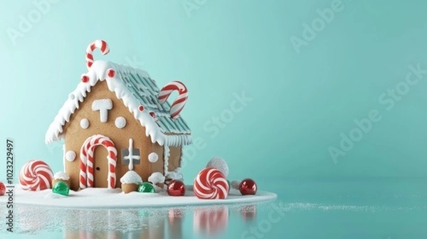 Fototapeta Gingerbread house and candy decorations flat design side view cozy home theme 3D render 