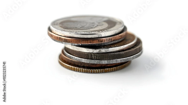 Obraz Stack of old, worn coins on white background. Concepts. finance, savings, investment, numismatics, currency, money, wealth.