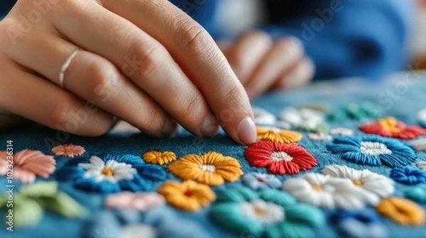 Fototapeta Close up image showcasing the intricate and vibrant custom embroidery patches being created by a fashion DIYer highlighting the personalization and craftsmanship involved in this creative textile art